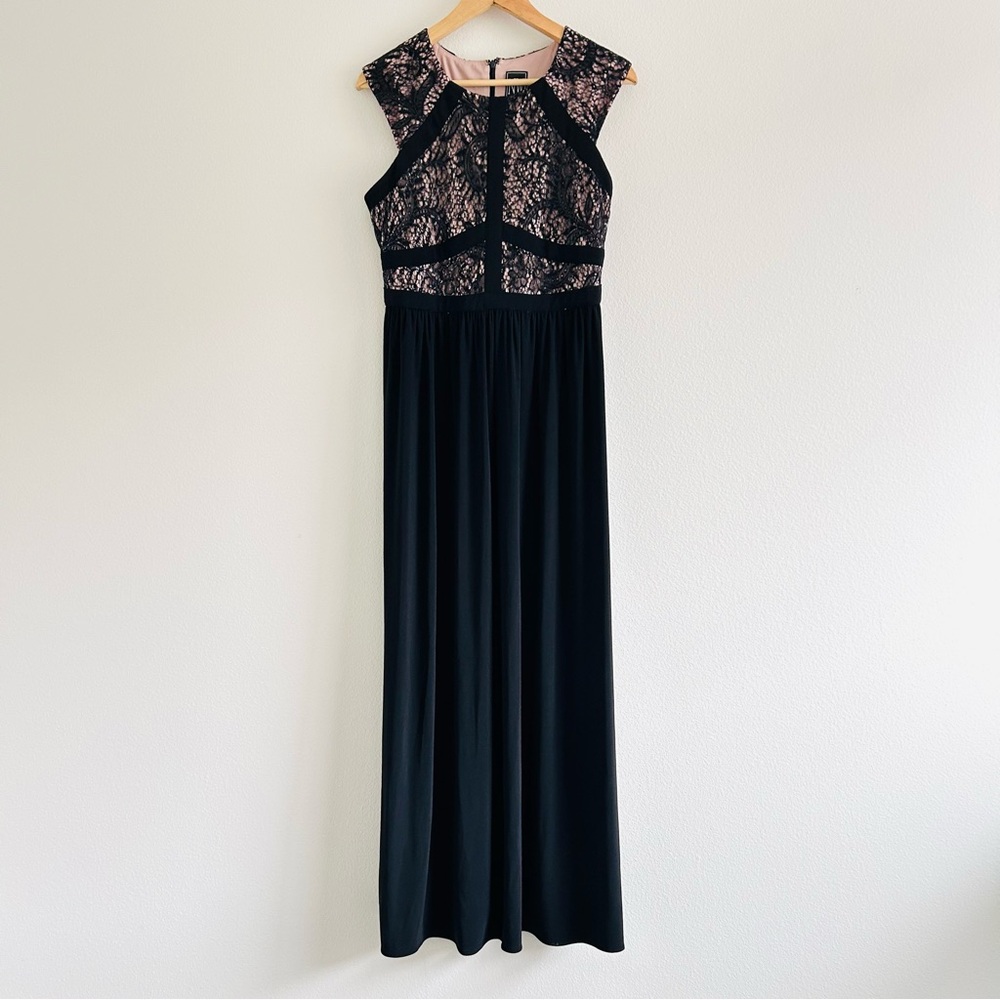Nightway Petites Black Lace Maxi Dress with Pink Lining Sleeveless Size 10P